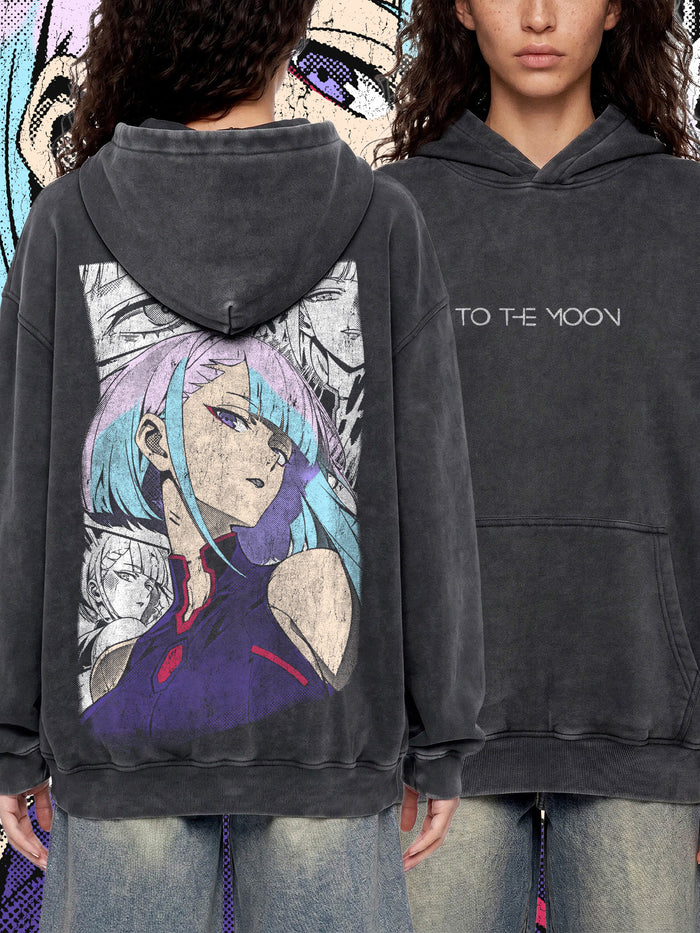 TO THE MOON — Oversized Vintage-Wash Hoodie Charcoal