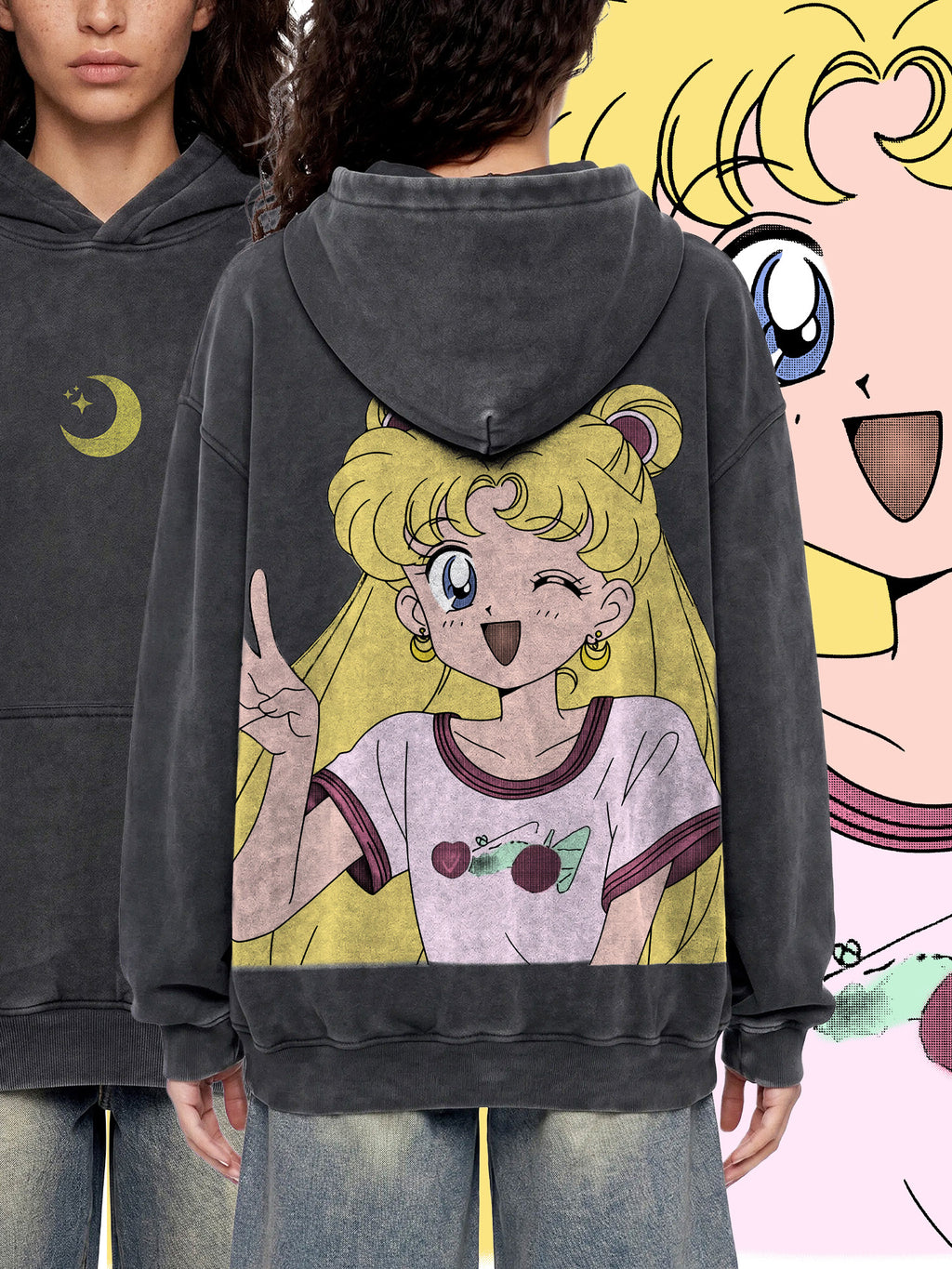 LUNAR — Vintage Wash Oversized Anime Hoodie