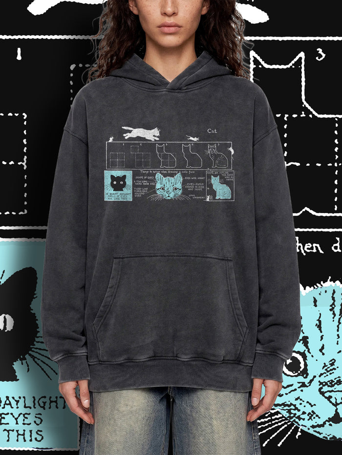 HOW TO DRAW A CAT (Frost) — Oversized Vintage-Wash Hoodie