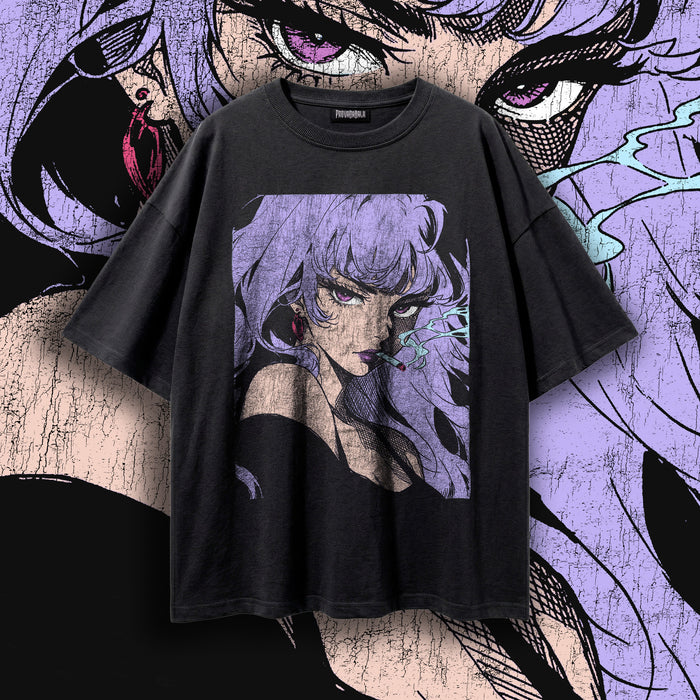MIDNIGHT FEMME — Smoking Anime Femme Fatale Oversized Tee | Gothic Grunge Manga