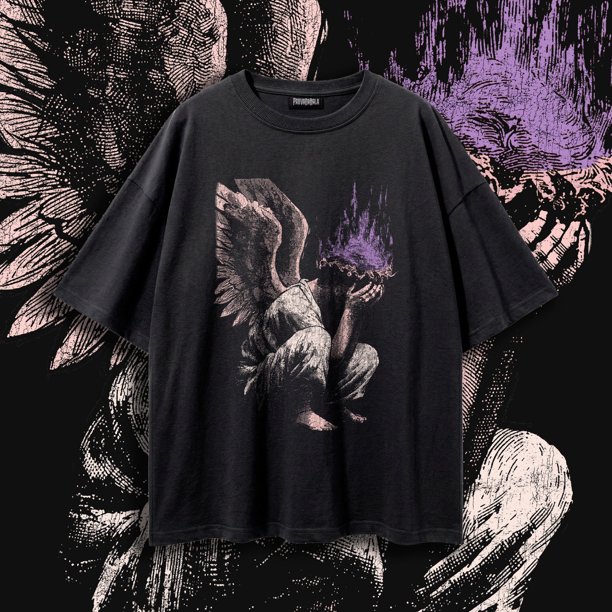 Burning Halo Angel Tee — Oversized Washed Black Gothic Graphic Shirt