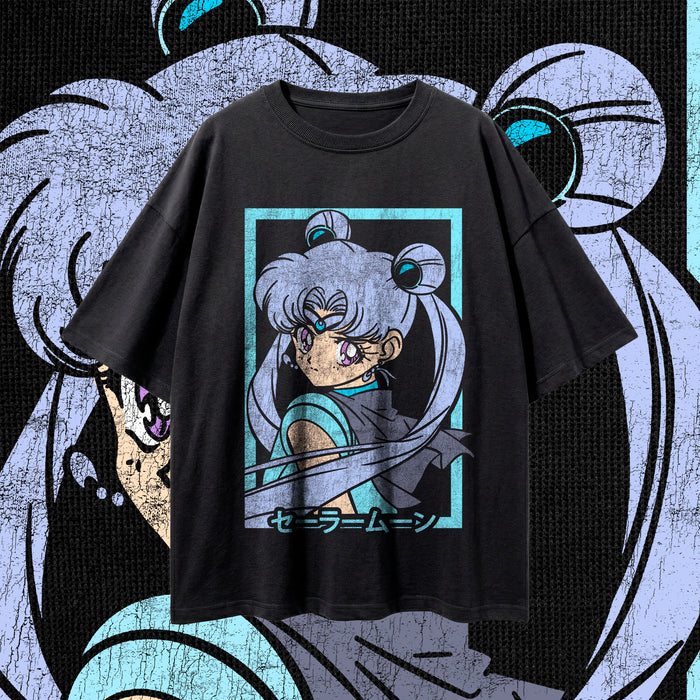 GAZE FRAMES (Cyber Cyan) — Oversized Vintage-Wash Tee