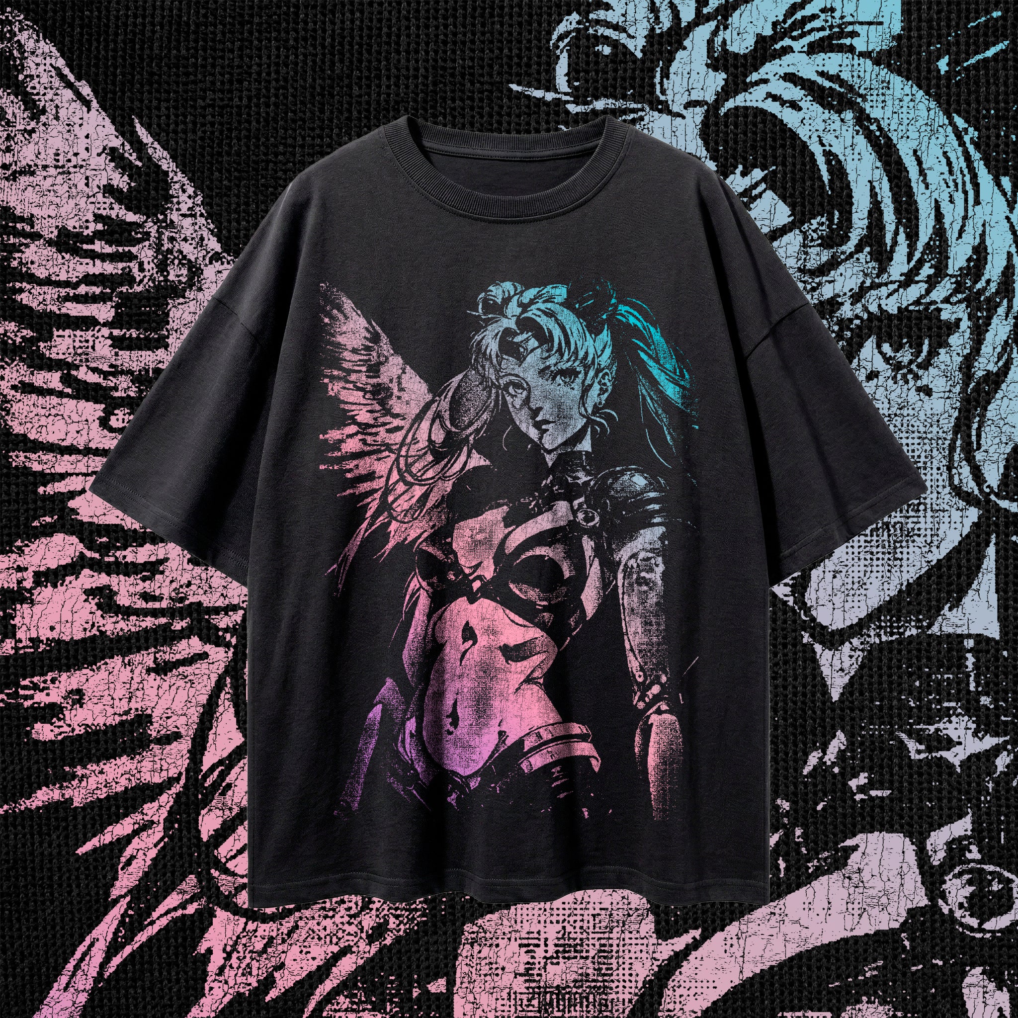 "CYBER VALKYRIE" Vintage Graphic Tee - Synthwave Cyan & Magenta
