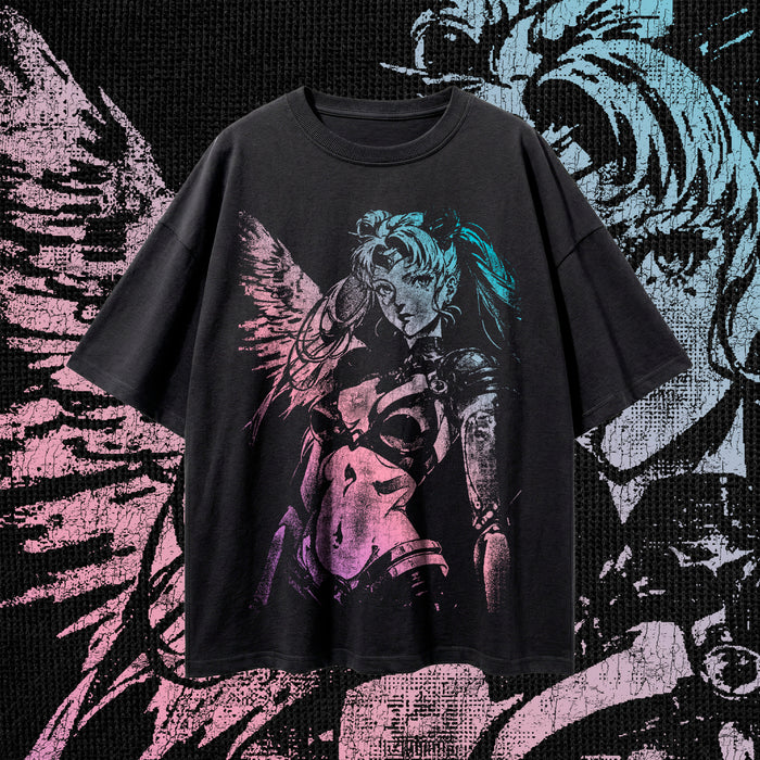 "CYBER VALKYRIE (Cyan & Magenta) — Oversized Vintage-Wash Tee