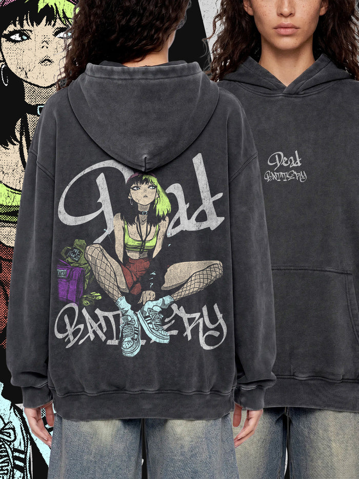 DEAD BATTERY — Oversized Vintage-Wash Hoodie Charcoal