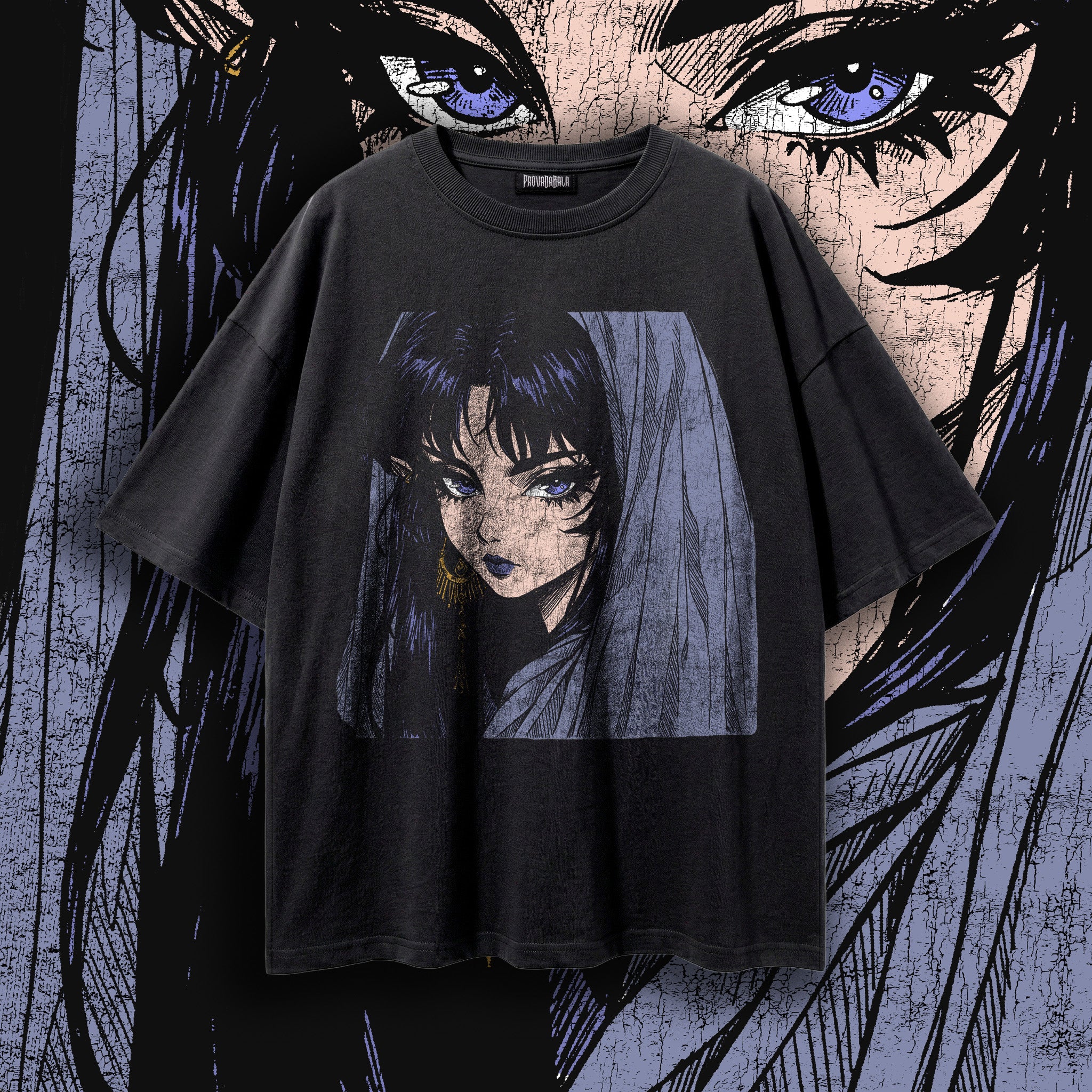 VESPER — Veiled Dark Anime Girl Oversized Tee | Gothic Manga Art