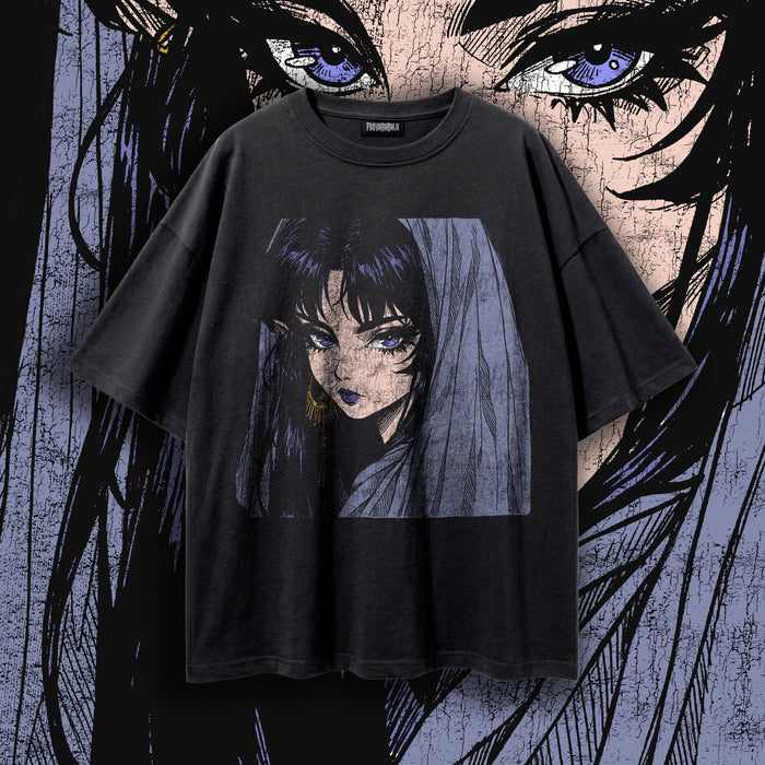 MIDNIGHT FEMME — Veiled Dark Anime Girl Oversized Tee | Gothic Manga Art
