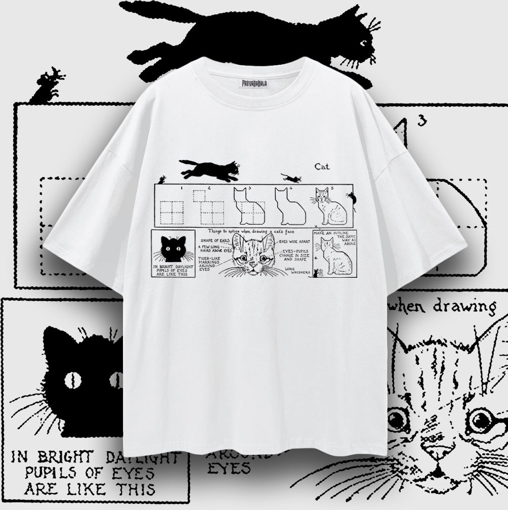HOW TO DRAW A CAT — Oversized Vintage-Wash Tee White