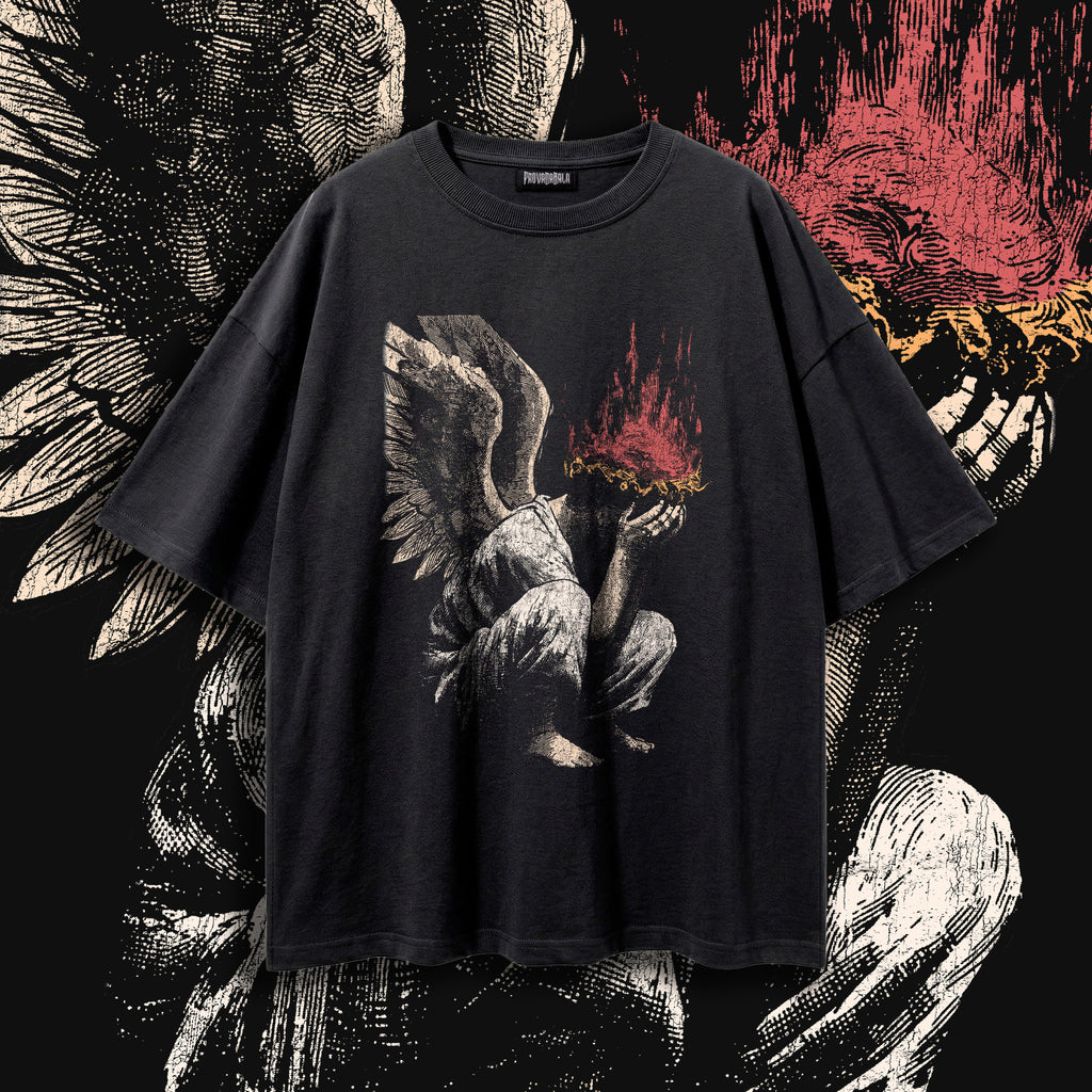 Burning Halo Angel Tee — Oversized Washed Black Gothic Graphic Shirt