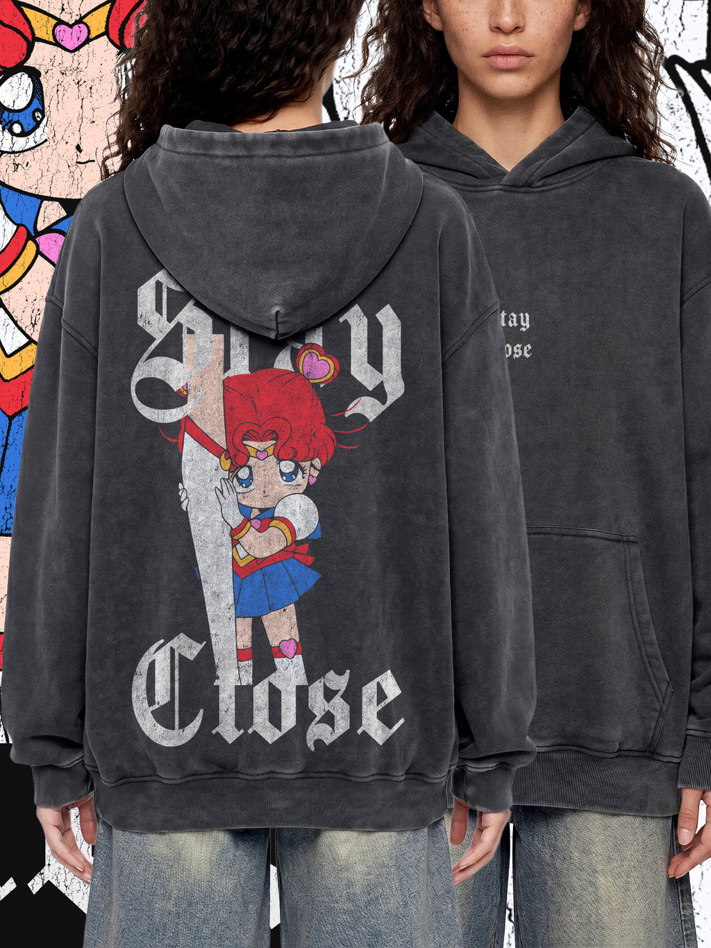 STAY CLOSE — Oversized Vintage-Wash Hoodie Charcoal