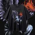 Burning Halo Angel Tee — Oversized Washed Black Gothic Graphic Shirt