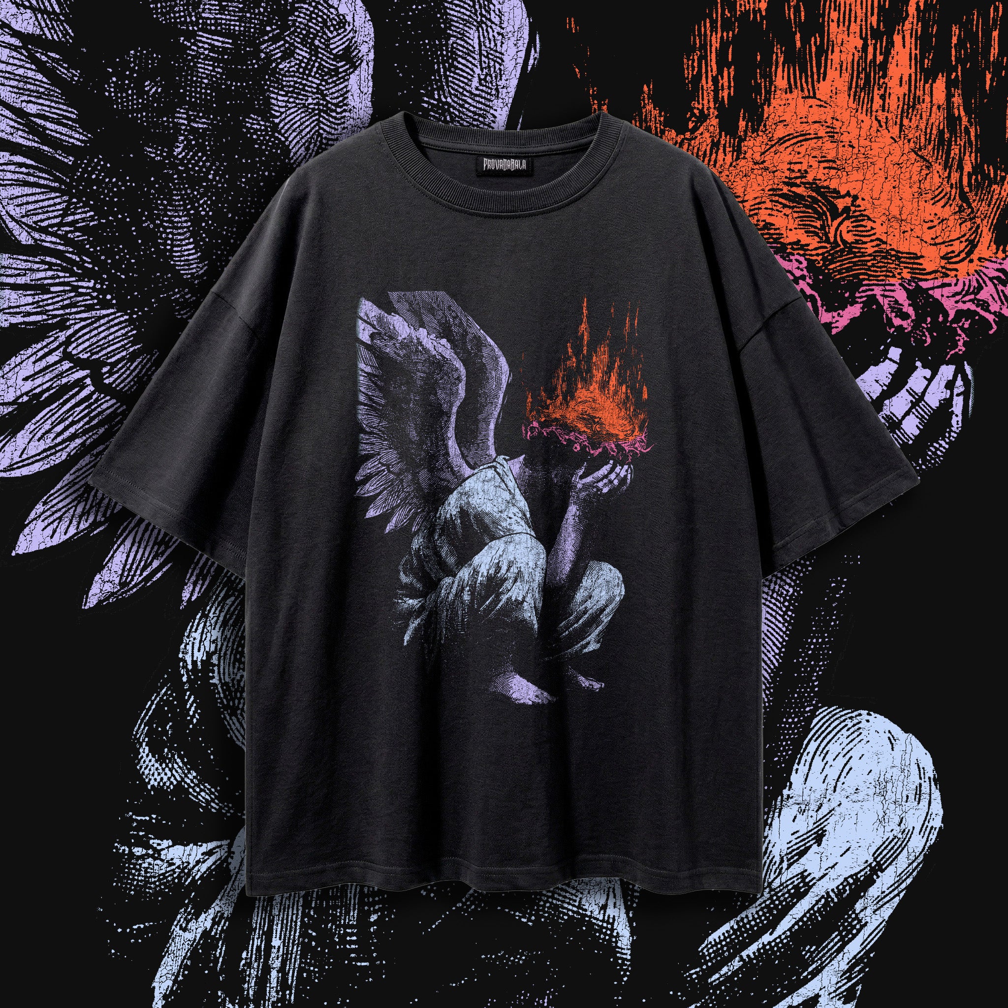 Burning Halo Angel Tee — Oversized Washed Black Gothic Graphic Shirt